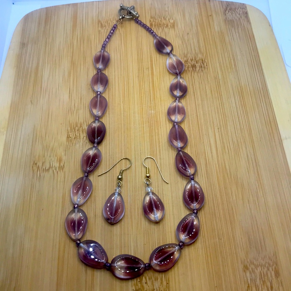 Purple glass bead necklace & earring set